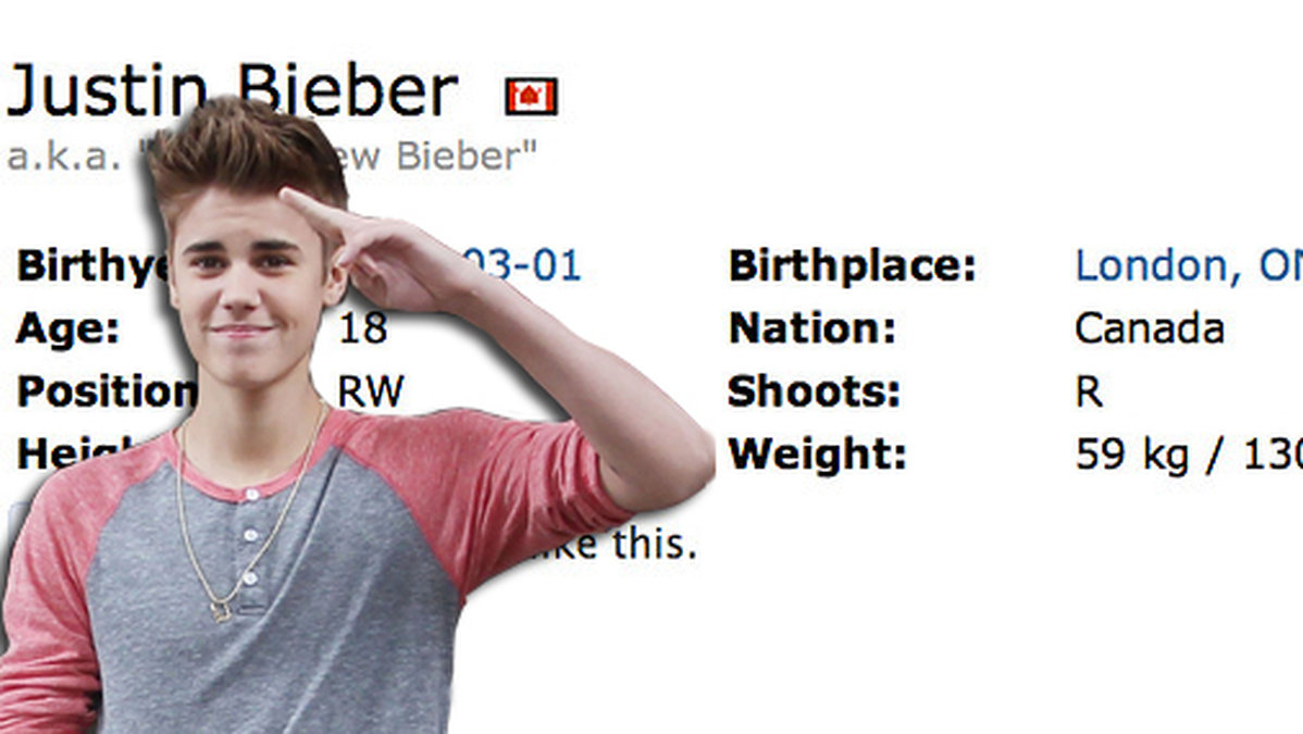 Justin Bieber finns nu med på Eliteprospects.com.